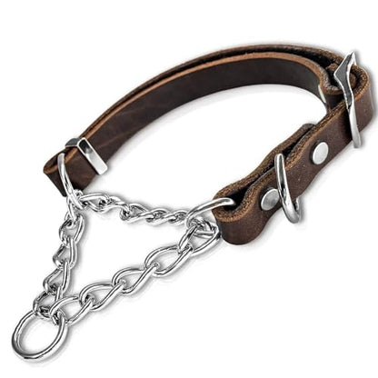 Leather Martingale Dog Collar, Soft Genuine Cowhide Handmade Assembled Stainless Steel Chain Martingale Collar Adjustable for Medium Large Dogs Pets. (M, Neck 19-24"(Martingale)) - size: M, Neck 19-24"(Martingale)