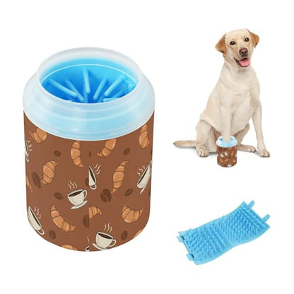 Breakfast Coffee Brown Print Dog Paw Cleaner Cup with Soft Silicone Brush, Portable Lightweight Small Muddy Paw Washer for Dogs, Easy to Use Pet Foot Cleaner