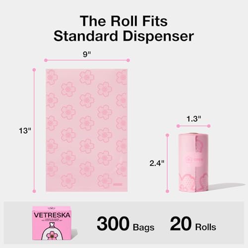 VETRESKA Cherry Blossom Scented Dog Poop Bags, Leak Proof, Extra Thick and Large Pet Waste Bags for Dog Walking and Cat Litter, 20 Refill Rolls, 300 Bags, Pink - size: 1 Count (Pack of 300), style: Cherry Blossom