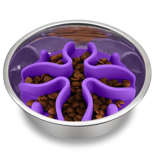 Palz&Co Paw Puzzles Slow Feeder Dog Bowl Insert - 5" Round Silicone Insert for Medium Pet Bowls, Purple - Promotes Healthier Eating & Mental Stimulation, Dishwasher & Freezer Safe - size: Medium