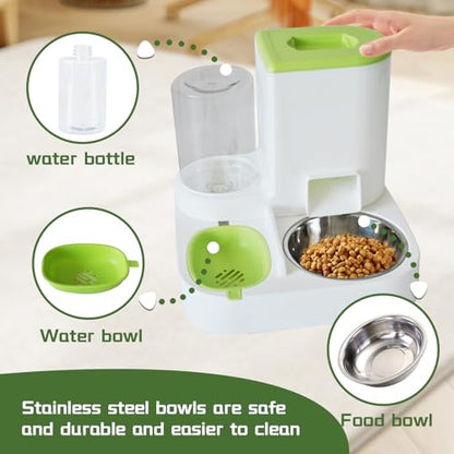 2 in 1 Automatic Cat Feeder & Water Dispenser,Gravity Pet Feeder Stainless Steel Food Water Bowl All-in-One Large Capacity Self Feeding for Cats Dogs Small Medium Pets(Green) - color: 【Green】