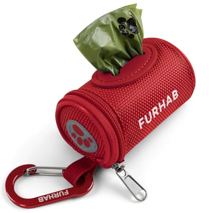 FURHAB Dog Poop Bag Holder for Leash Doggie Waste Bag Dispenser Soft Fabric Puppy Potty Carrier Small Doggy Zipper Pouch with Carabiner Clip 1680D Nylon Oxford with 1 Roll of Pet Trash Bags, Red - color: Red