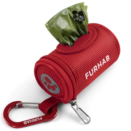 FURHAB Dog Poop Bag Holder for Leash Doggie Waste Bag Dispenser Soft Fabric Puppy Potty Carrier Small Doggy Zipper Pouch with Carabiner Clip 1680D Nylon Oxford with 1 Roll of Pet Trash Bags, Red - color: Red