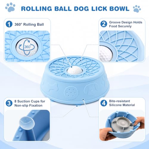 Dog Lick Bowl with Rolling Ball, Slow Feeder Dog Bowls for Food-Grade Silicone Anti-Slip, Bone Broth and Yogurt Puzzle Feeder for Large Medium Puppy Pet & Cats Helps Protect the Stomach - color: Blue