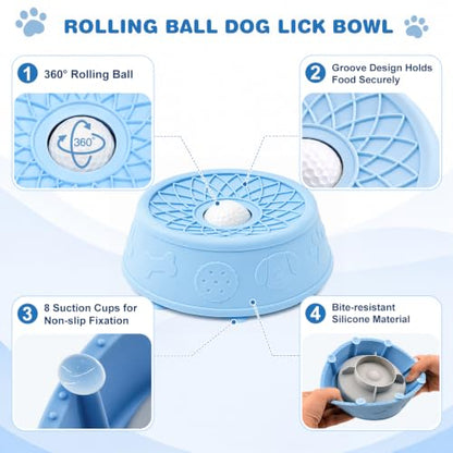 Dog Lick Bowl with Rolling Ball, Slow Feeder Dog Bowls for Food-Grade Silicone Anti-Slip, Bone Broth and Yogurt Puzzle Feeder for Large Medium Puppy Pet & Cats Helps Protect the Stomach - color: Blue