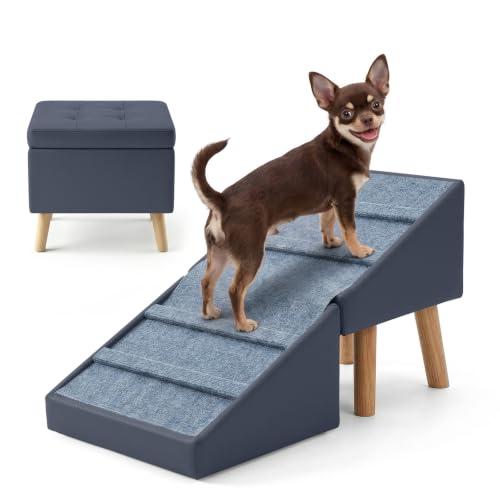 Dog Ramp for Small Dogs, 3-in-1 Dog Stairs Ottoman for Couch | 15.7" H, 18.5" Extra Wide Foldable Ottoman & Hidden Storage Design, Non-Slip Steps for Senior & Injured Pets (Navy Blue) - color: Navy Blue