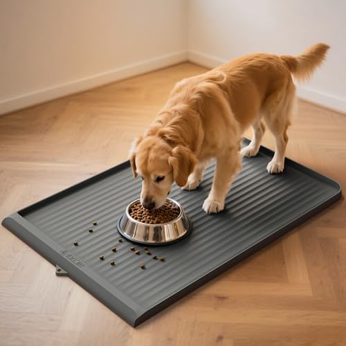 Dog Food Mat 36"x24", Waterproof Pet Feeding Mat with Diversion Grooves and Raised Edges, Large Non-Slip Dog Bowl Mat for Food and Water, Cat Food Mat for Floors, Easy to Clean, Grey - color: Grey