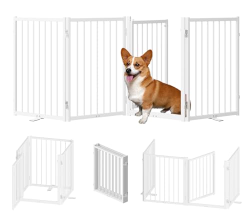 SNUOWU Full Metal Freestanding Dog Gate with Door, 24'' Height Foldable Pet Dog Fence for Indoor & Outdoor, 4 Panels Extra Wide Free Standing SmallDog Gates for Doorways,House,Stairs,Porch,Deck,Yard - color: White, size: 【4 Panels】80"W*24H"