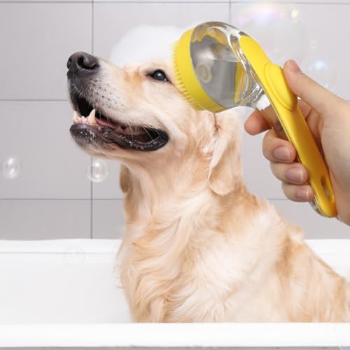 Sosoport Dog Bath Brush with Built-in Soap Dispenser Ergonomic Handle Soft Bristle Pet Grooming Scrubber for Dogs and Cats Massage and Hair Removal 7.48In Portable Shower Brush