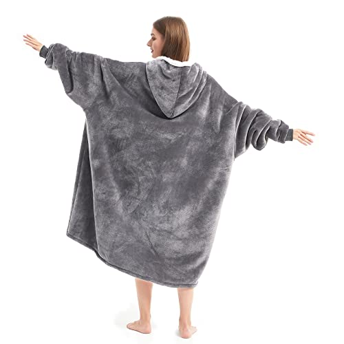 Cozystar Wearable Blanket Hoodie with Giant Pocket （Pet Won't Leave） Extra Soft Sherpa Fleece Thick Warm ＆ Cozy Oversized Sweatshirt Blanket Jacket with Sleeves-Grey