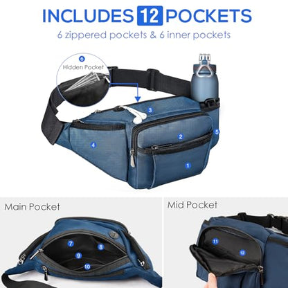 NOOLA Fanny Pack Waist Bag for Men Women, Lightweight Waist Pack with Water Bottle Holder, Adjustable Belt Bag with Multi-Pockets for Hiking, Dog Walking, Outdoor, Cycling, Running, Travel, Blue - color: Blue