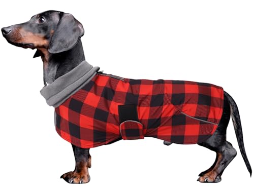 Dachshund Coats Waterproof Perfect for Dachshunds Sausage Weiner Dog Winter Coat with Padded Fleece Puppy Snowsuit with Adjustable Bands Reflective Stripe - PlaidRed - S - color: Plaid Red, size: Small