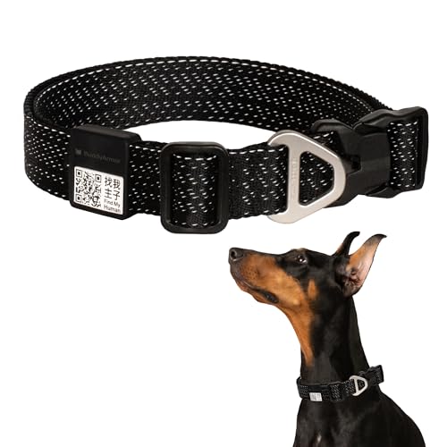 All-Weather Dog Collar Reflective Adjustable Soft Nylon QR Code Anti-Lost Collar Breathable with Quick-Release Buckle Patent Alloy Ring for Small Medium Large Dog (Super Reflect-Black, M) - color: Super Reflect-Black, size: M