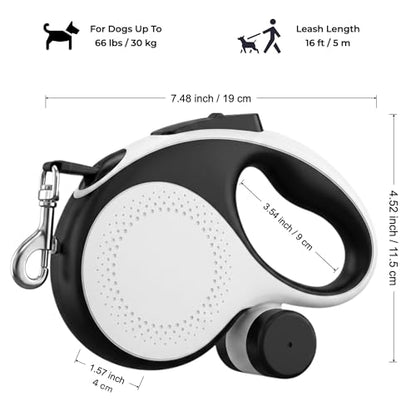 Retractable Dog Leash 16ft for Medium Dogs up to 66lbs — Durable Nylon Tape Leash with 360° Tangle-Free, One-Handed Brake & Lock, with Poop Bag Dispenser, Anti-Slip ABS Handle (White)