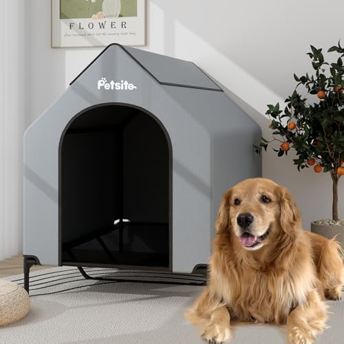 PETSITE 52 inch Dog House, Elevated Dog House Outdoor with Ventilated Windows, Removable Weatherproof 600D Oxford Canopy and Raised Mesh Dog Bed, Dog Tent, X-Large, 52 x 33 x 45 inch