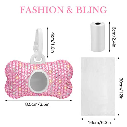 SAVORI Dog Poop Bag Holder Bling Crystal Dog Waste Bags Dispenser for Pet Dog Doggy with Carabiner Clip Includes 1 Roll 15 Bags (Pink) - color: Pink