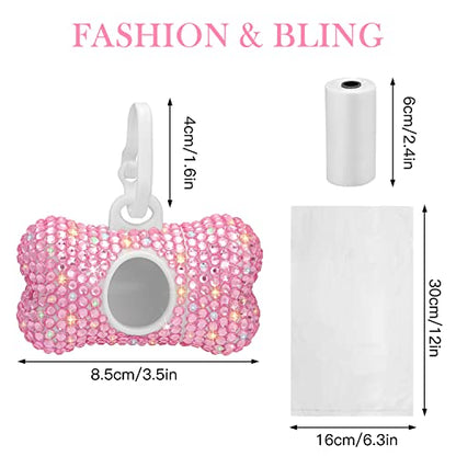 SAVORI Dog Poop Bag Holder Bling Crystal Dog Waste Bags Dispenser for Pet Dog Doggy with Carabiner Clip Includes 1 Roll 15 Bags (Pink) - color: Pink