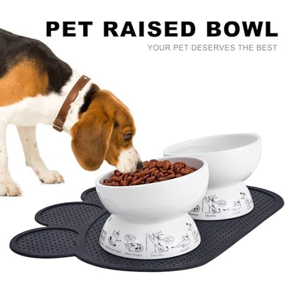Ceramic Raised Cat Bowls | Tilted Elevated Bowl for Food and Water | Small Dog Bowl With Anti-Slip Silicone Pet Food Mat | 2 Pack Black Set - color: black