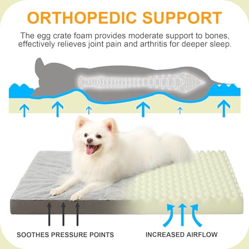 KSIIA Orthopedic Dog Bed, Deluxe Plush Waterproof, 29 x 18 Inch, Gray, 3-Inch Thick High-Density Egg Crate Foam, Removable Cover, Machine Washable - color: Light Grey, size: 29.0"L x 18.0"W x 3.0"Th
