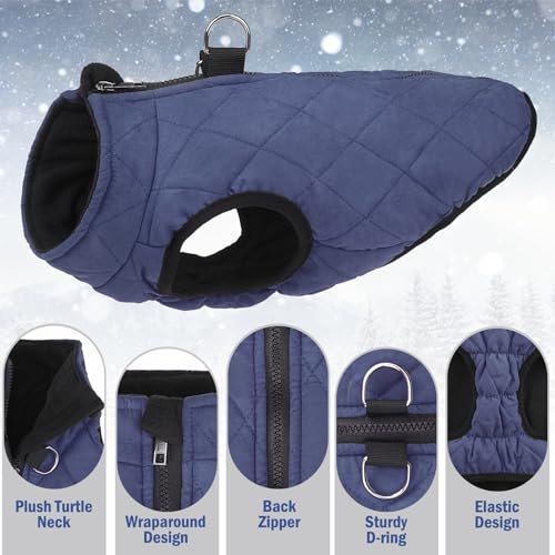 SCENEREAL Winter Dog Vest Coat with Harness Built In, Warm Puppy Jacket for Small Medium Dogs, Cold Weather Coat with Zipper, Fleece Puffer Vest Windproof Snow Clothes - color: #1 Rolay Bule-Matte, size: M(Chest 16.5")-Regular