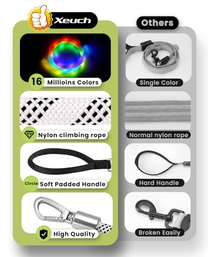 Xeuch Light Up Dog Leash, LED Pet Leash for Night Walking,13 Lighting Modes, Rechargeable Dog Lights, Glow in The Dark Walking Leashes with Tangle-Free Hook for Medium Large Dogs (Leash-5Ft) - color: Leash-5Ft