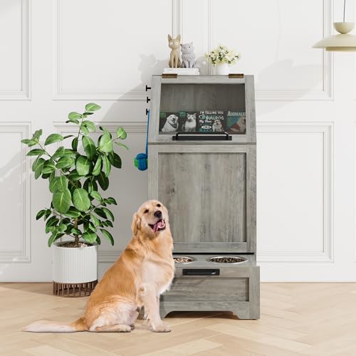 Dog Feeding Station with 2 Elevated Dog Bowls, Pet Feeding Station,Flip Top Pet Food Cabinet,Pet Food Container,Pet Toy Storage Organizer,Modern Storage Organizer,Grey - color: Grey