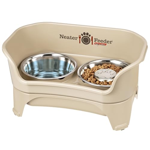 Neater Feeder - Express Model w/ Slow Feed Bowl - Mess-Proof Dog Bowls (M/L, Almond) Made in USA – Elevated, No Spill, Non-Tip, Non-Slip, Raised Stainless Steel Food/Water Pet Bowls Aid Digestion - color: Almond, size: Medium to Large w/ Metal Slow Feed B