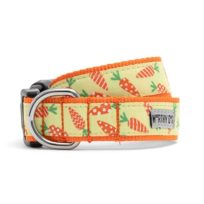 THE WORTHY DOG Spring Holiday Crazy Carrots Dog Collar – Durable Nylon, Woven Ribbon, Quick-Release Buckle, Nickel D-Ring – Green, Medium - color: Crazy Carrots - Green, size: Medium