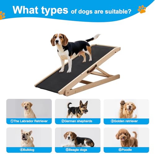 Dog Ramp for Bed and Couch, 5 Height Adjustable Solid Wood Pet Ramp for Small, Medium & Large Dogs, Collapsible Anti-Slip Dog Ramp for Sofa, Couch & Beds(Wood, 115)