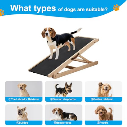 Dog Ramp for Bed and Couch, 5 Height Adjustable Solid Wood Pet Ramp for Small, Medium & Large Dogs, Collapsible Anti-Slip Dog Ramp for Sofa, Couch & Beds(Wood, 115)