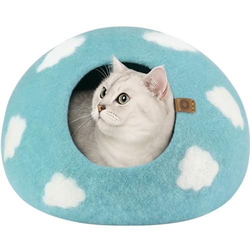 MEOWFIA Cat Cave – Premium Felt Cat Bed Enclosure for Indoor Cats, Handmade Merino Wool (Cloud Nap Blue, Medium) - color: Nap Blue, size: Medium