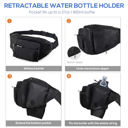 NOOLA Fanny Pack Waist Bag for Men Women, Lightweight Waist Pack with Water Bottle Holder, Adjustable Belt Bag with Multi-Pockets for Hiking, Dog Walking, Outdoor, Cycling, Running, Travel, Black - color: Black