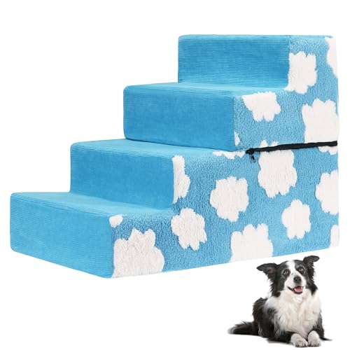 Pet Stairs for Small Dog Stairs for Sofa and Bed High Density Foam Stairs Pet Ladder with Removable Washable Cover Non-Slip Base(4 Steps Blue) - color: 4 Steps Blue