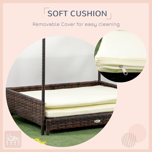 PawHut Wicker Dog House Outdoor with Canopy, Rattan Dog Bed with Removable Cushion, Raised Dog Bed, Cat Shelter, Patio Pet Sofa for Medium Sized Pet Mixed-Brown