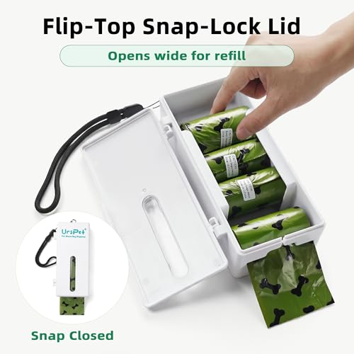 URSPET Dog Poop Bag Dispenser with 4 Rolls, Wall Mount Pet Waste Holder | Stick-On or Screw-On, Viewing Window, Easy Bag Pull, Flip-Top Refill, 60 Bags Included, Indoor and Outdoor Use - color: White