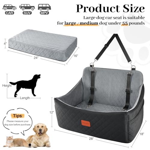 Wooaidagg Dog Car Seat for Medium & Large Dogs Up to 55lbs, Memory Foam Cushion, Washable Cover, Safety Straps & Non-Slip Base(Black/Grey,Large) - color: Black/Grey