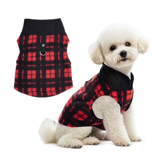 Rbenxia 1 PC Plaid Dog Sweaters with Leash Ring Soft Fleece Vest Dogs Pullover Warm Jacket Pet Dogs Clothes Winter Dog Outfits for Small Puppy Cat Pets (Black and Red, Large) - color: Black and Red, size: Large