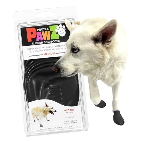 PawZ Rubber Dog Boots for Medium Paws - All-Weather Waterproof Dog Shoes, Anti-Slip Traction for Rain, Snow, Mud & Hot Pavement - Pull-On Dog Booties, Black - Medium (2.5" - 3") - Pack of 12 - size: M
