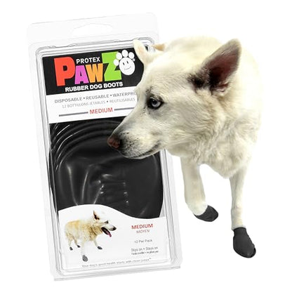 PawZ Rubber Dog Boots for Medium Paws - All-Weather Waterproof Dog Shoes, Anti-Slip Traction for Rain, Snow, Mud & Hot Pavement - Pull-On Dog Booties, Black - Medium (2.5" - 3") - Pack of 12 - size: M