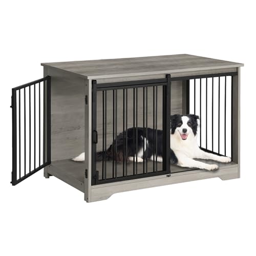 Hzuaneri 39.4" Heavy Duty Dog Crate Furniture with Barn Door, Wood Indoor Dog Crate Kennel for Small/Medium/Large Dogs, End Side Table, TV Stand, Greige Black DFC02305B - color: Greige, size: 39.3"L x 23.6"W x 26.8"H