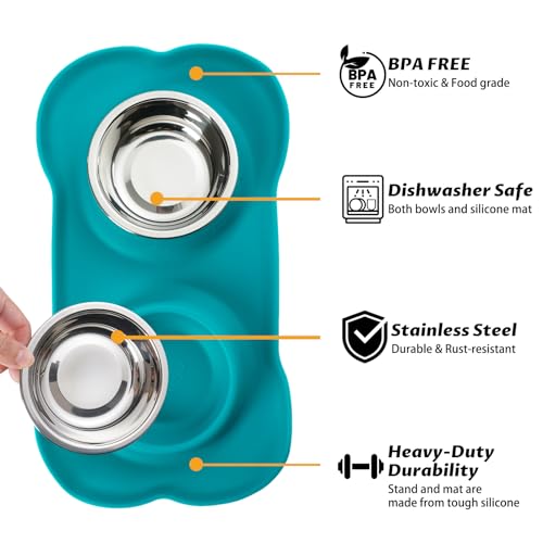 Hubulk Pet Dog Bowls 2 Stainless Steel Dog Bowl with No Spill Non-Skid Silicone Mat + Pet Food Scoop Water and Food Feeder Bowls for Feeding Small Medium Large Dogs Cats Puppies (Medium, Green) - color: Green, size: Medium