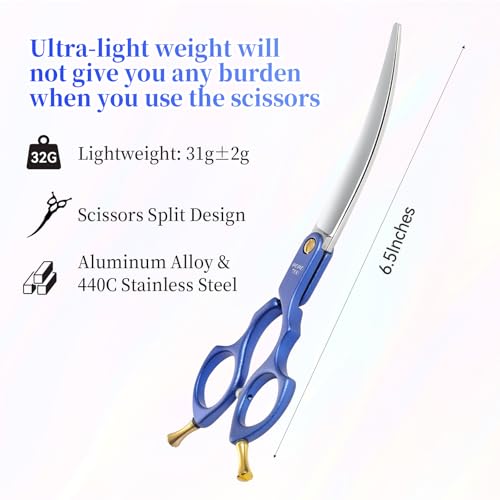 6.5'' Small Curved Dog Grooming Scissors Blue Professional Trimming Shears with Ultra-Lightweight Offset Handle CNC 440C Stainless Steel Blades Pet Scissors for Face and Paws - color: Blue Curved
