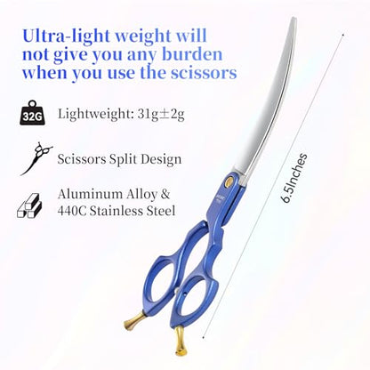 6.5'' Small Curved Dog Grooming Scissors Blue Professional Trimming Shears with Ultra-Lightweight Offset Handle CNC 440C Stainless Steel Blades Pet Scissors for Face and Paws - color: Blue Curved