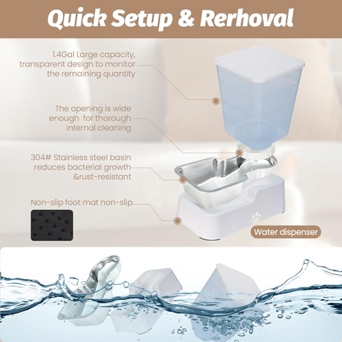 Automatic 5.4L/1.4Gal Pet Waterer, Automatic Dog Water Dispenser Gravity Stainless Steel Water Feeder, Large Capacity Feeding Bowls for Cats and Medium & Large-Sized Dogs (White, Food+Water) - color: White, size: Food and Water