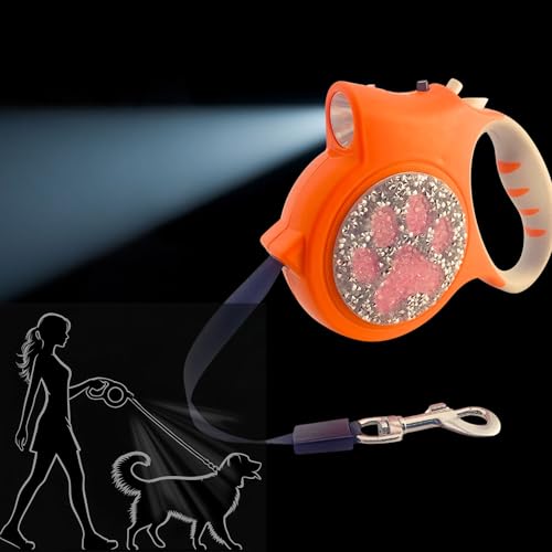Led Retractable Dog Leash – 16ft Leash with Handcrafted Sparkle Detail Tangle-Free One-Hand Brake Soft Grip Handle for Small & Medium Dogs Up to 77lbs (DL-Orange) - color: DL-Orange