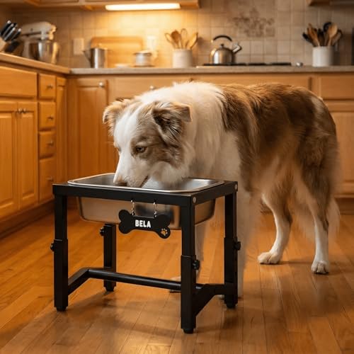 1.2 Gallon Elevated Large Dog Water Bowl, 4 Adjustable Height 7.8'',9.2'',10.6'',12''Raised Stainless Steel Bowl Stand for Small/Medium/Large Breed, Metal Dog Feeding Station for Relief Joint Pressure - size: 1.2 Gallon