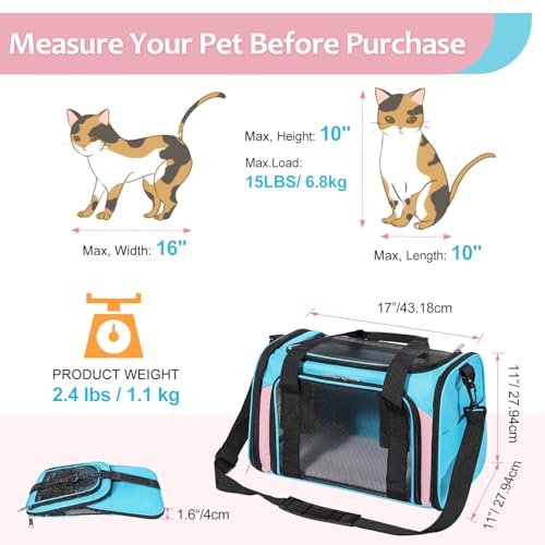 Discala Cat Dog Carrier Up to 15 Lbs TSA Airline Approved Pet Carrier for Small Medium Cats Puppies Dog Carriers for Small Dogs Collapsible Soft Sided Cat Travel Carrier - Blue&Pink 17"x11"x11" - color: Blue&Pink