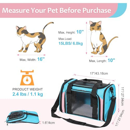 Discala Cat Dog Carrier Up to 15 Lbs TSA Airline Approved Pet Carrier for Small Medium Cats Puppies Dog Carriers for Small Dogs Collapsible Soft Sided Cat Travel Carrier - Blue&Pink 17"x11"x11" - color: Blue&Pink