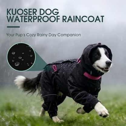 Kouser Waterproof Full-Body Coverage Dog Raincoat, Black 3XL | Dog Raincoat with Reflective Stripes, Adjustable Dog Rain Jacket with Leash D-Ring, Hooded Poncho for Small Medium Large Dogs - color: Black, size: XXX-Large(Back Length:25.98")