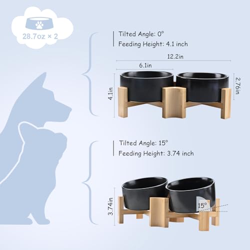 SPUNKYJUNKY 15° Slanted Ceramic Dog and Cat Bowl with Wooden Stand, Tilted Bulldog Food and Water Bowl No Slip Non-Spill for Cats Medium Dogs Big Face Pets 28.7 OZ (3.6 Cups, Black × 2) - color: Black, size: 3.6 CUPS × 2